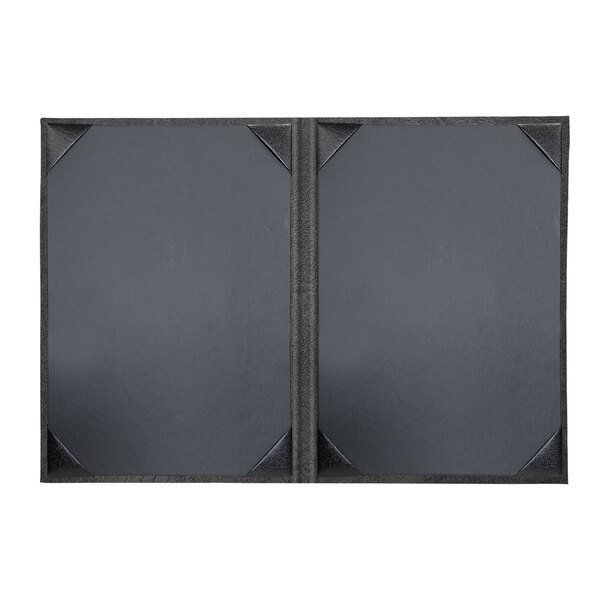 A black rectangular menu cover with a grey border and corners.