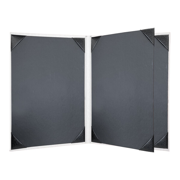 A black rectangular menu cover with white corners and a white frame.