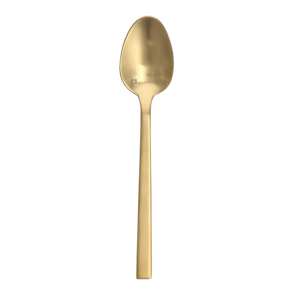A Fortessa Arezzo brushed gold stainless steel teaspoon with a long handle.