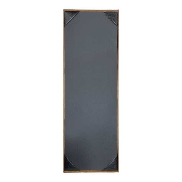 A rectangular black menu cover with a wooden frame.