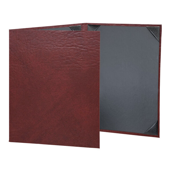 A red leather menu cover with grey borders.