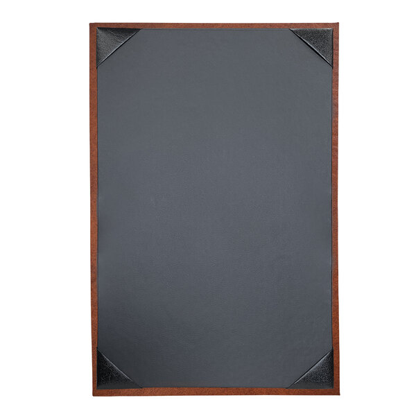 A black menu board with a wooden frame and a brown border.