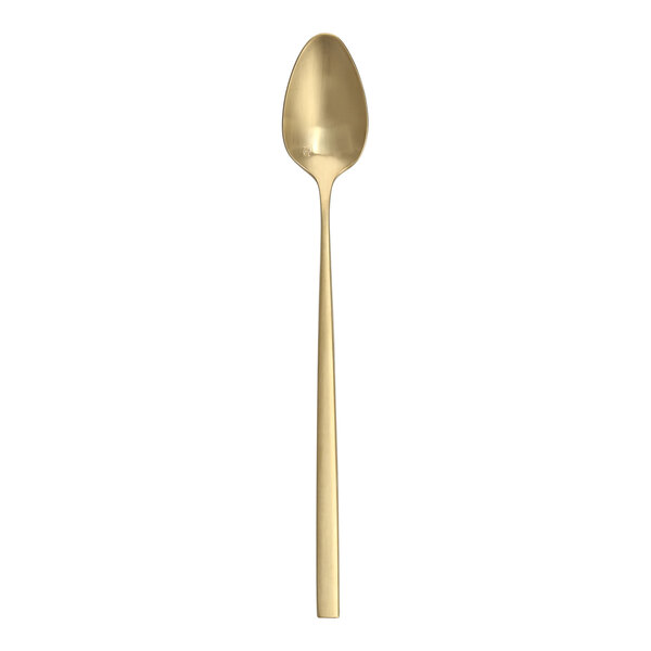 A Fortessa Arezzo gold stainless steel iced tea spoon with a long handle.