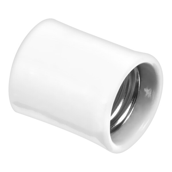A white ceramic pipe fitting with a silver metal end.