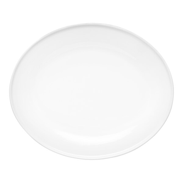 A white oval porcelain platter with a white rim.