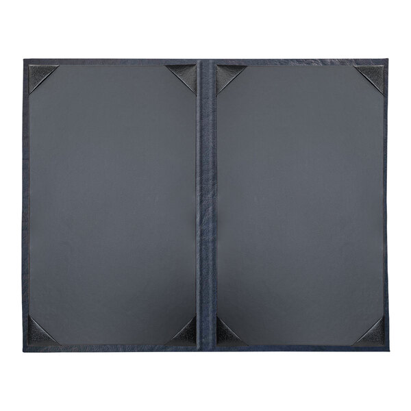A navy rectangular menu cover with black corners and a black border with two open pages.