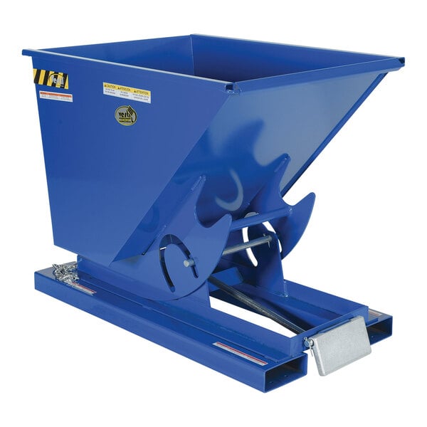 A blue metal self-dumping hopper with a yellow metal handle.