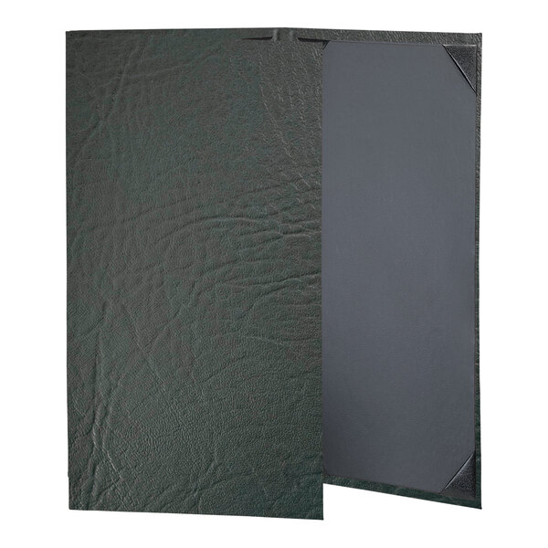 A green leather menu cover with black borders.