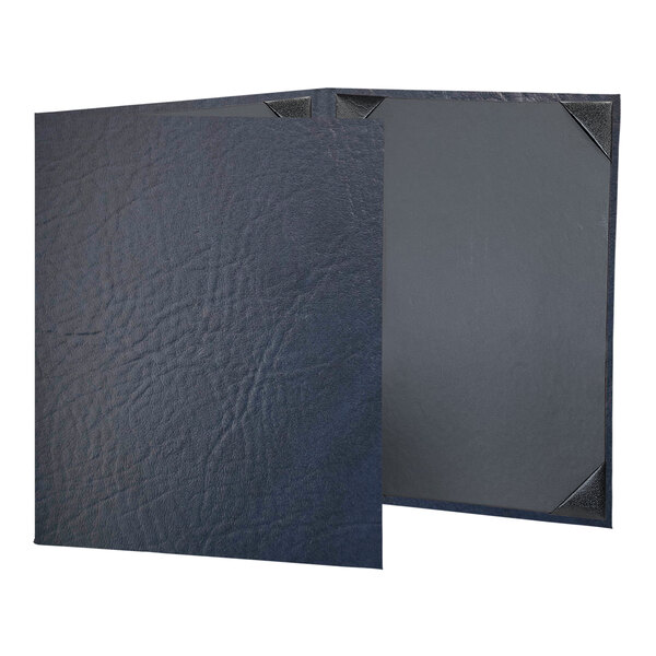 A navy menu cover with black trim and a black leather cover.