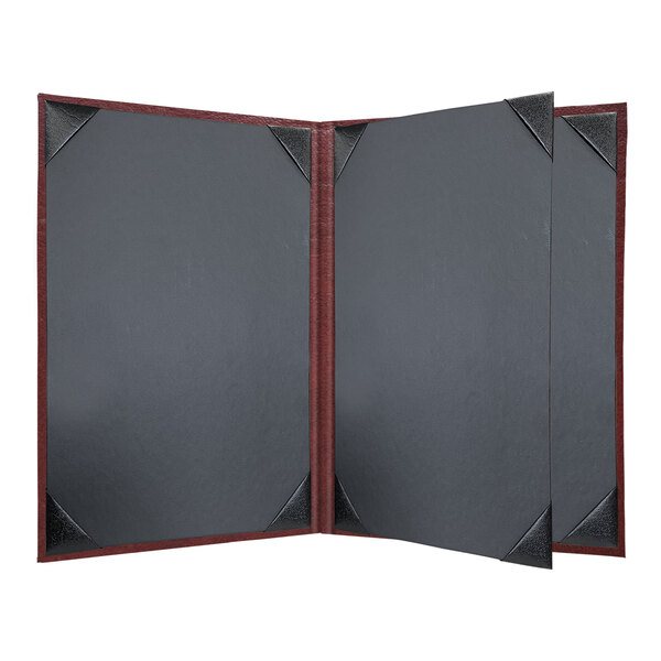 A black menu cover with red edges.