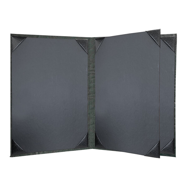 A grey rectangular menu cover with a black border and black corners.