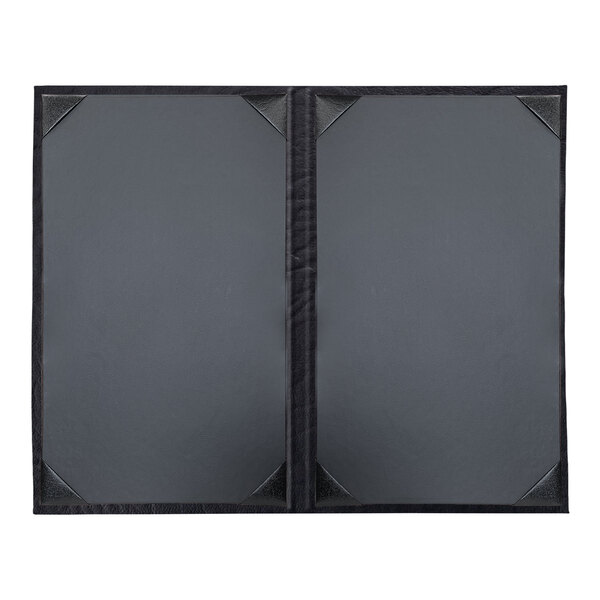 A black menu cover with black leather corners and black borders with two open views.