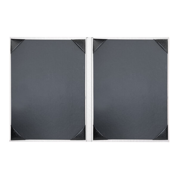 A white rectangular menu cover with black corners and a black frame.