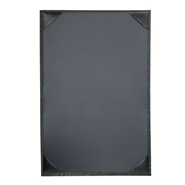 A black rectangular menu cover with black corners on a white table.