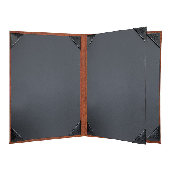 A black menu cover with a brown wooden frame.
