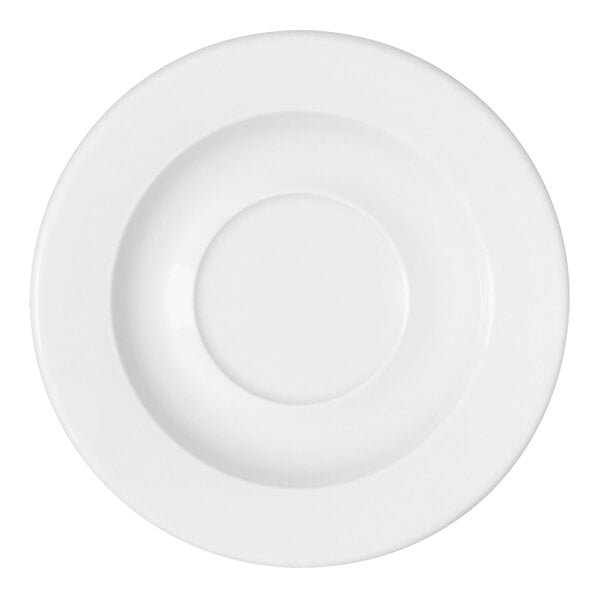 A Bauscher bright white porcelain saucer with a white circle.
