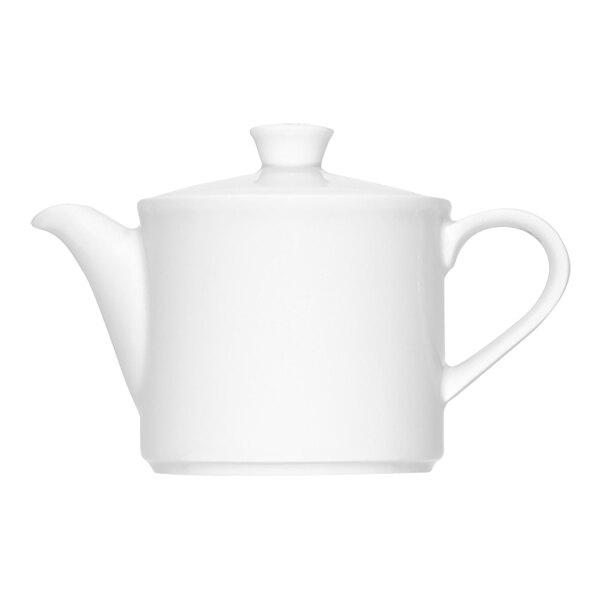 A Bauscher bright white porcelain teapot with a lid and handle.