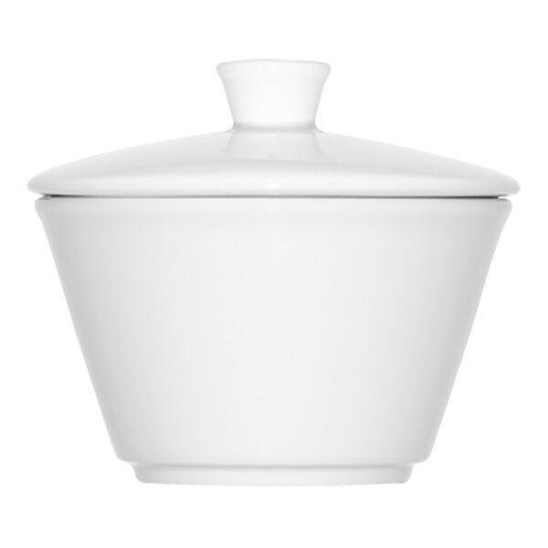 A Bauscher bright white porcelain sugar bowl with a lid.