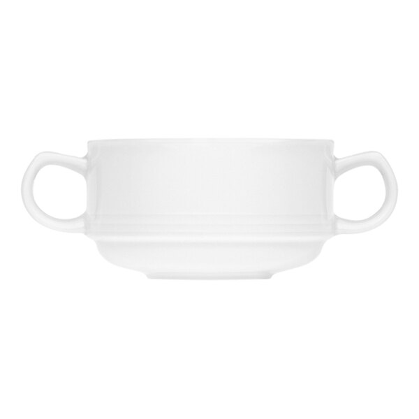 A Bauscher bright white porcelain bowl with two handles.
