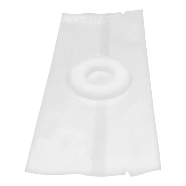 A white plastic bag with a round hole in it.