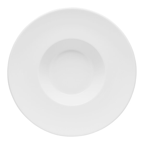 A white porcelain plate with a wide white rim.