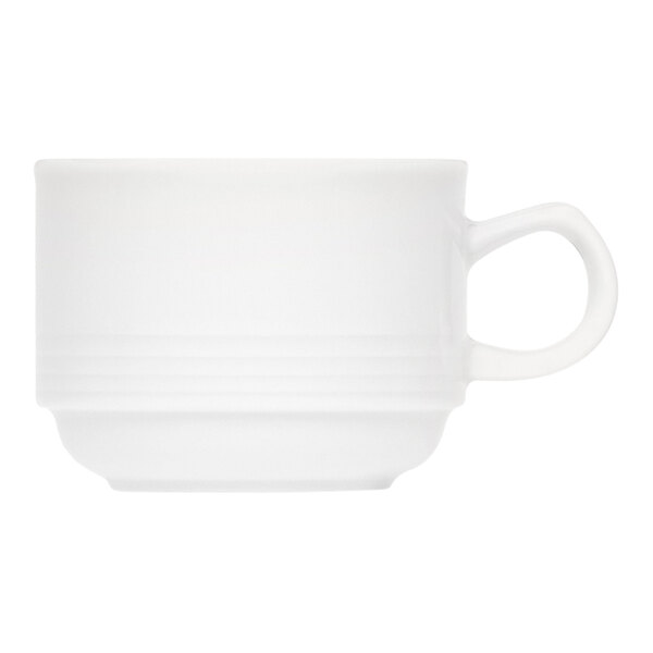 A close up of a Bauscher bright white porcelain cup with a handle.