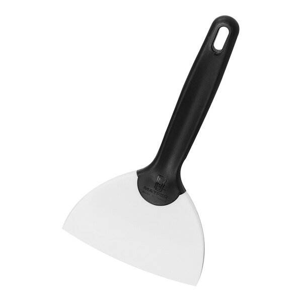 A Matfer Bourgeat Silveo scraper spatula with a white handle and black blade.