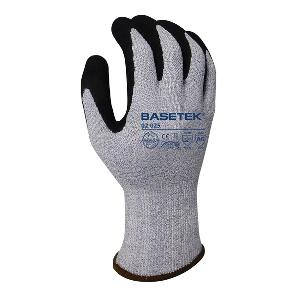 A close-up of a blue Armor Guys Basetek heavy duty work glove with black and white accents.