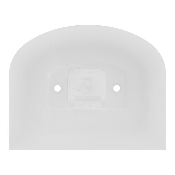 A white plastic Matfer Bourgeat bowl scraper with a logo and two holes.