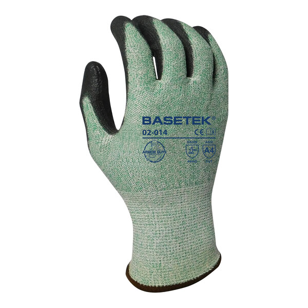 A pair of green Armor Guys heavy duty work gloves with black polyurethane palm coating and the word "Basetek" in black.