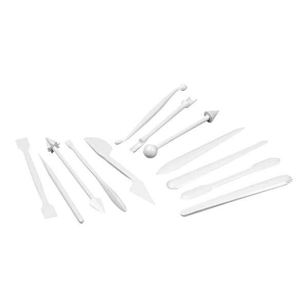A group of white plastic Matfer Bourgeat marzipan sculpting tools.