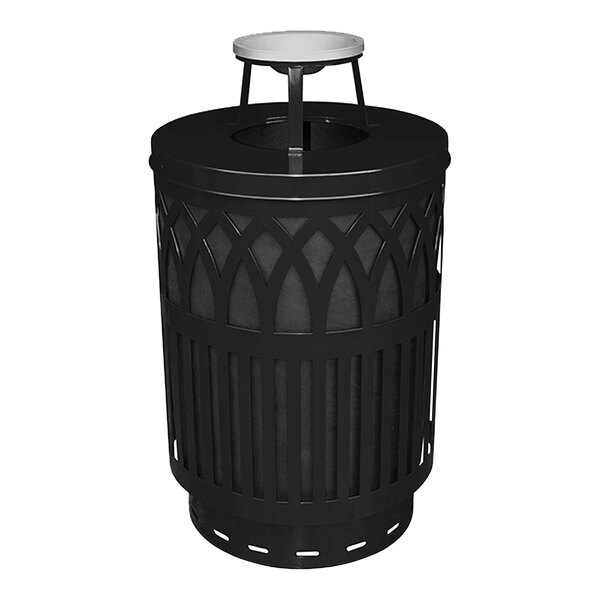 A black Witt Industries outdoor waste receptacle with a white ash top lid.
