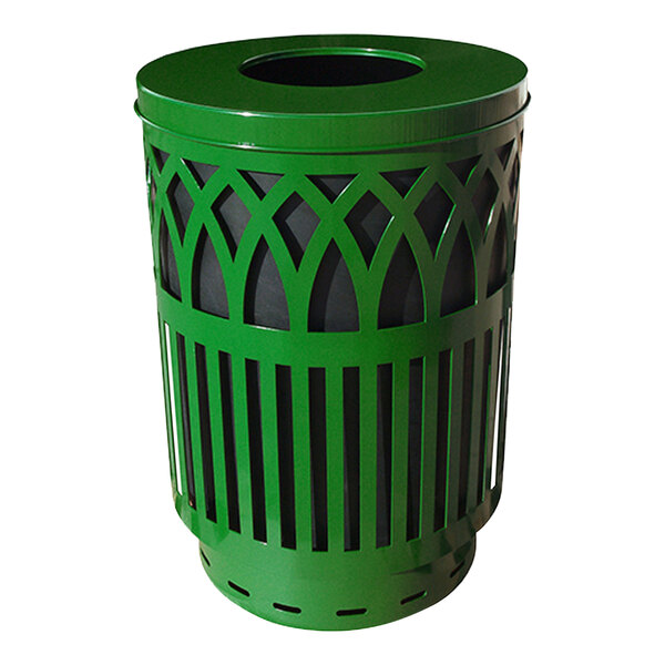 A green Witt Industries outdoor waste receptacle with flat top lid and lattice design.