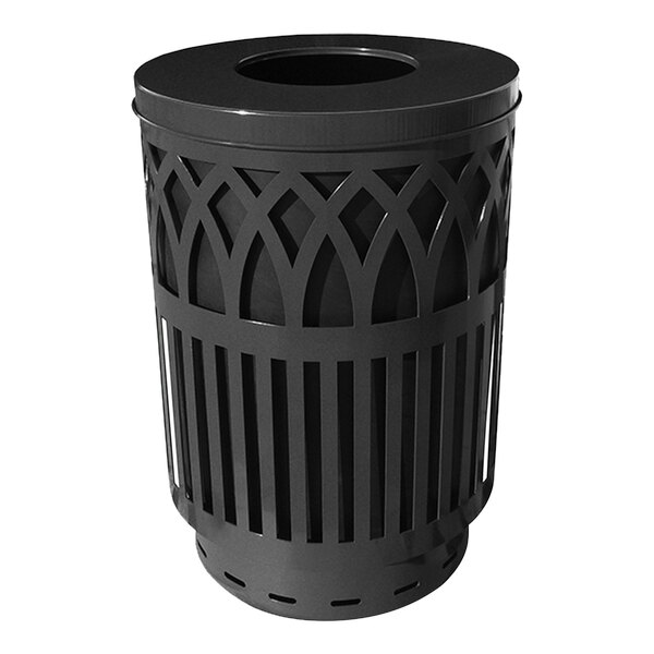 A black Witt Industries Covington waste receptacle with a flat top lid and lattice design.