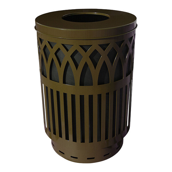 A brown steel Witt Industries Covington outdoor trash can with a flat top lid and a lattice design.