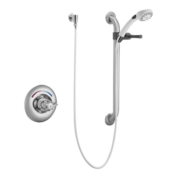 A Delta shower head, faucet, and lever blade handle.