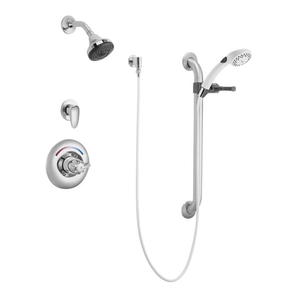 A Delta dual shower head with hand shower and lever blade handle.