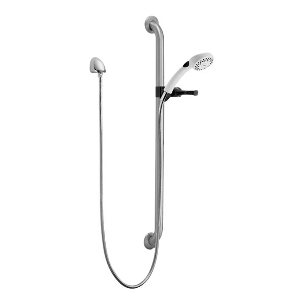 A white Delta shower head with a hose.