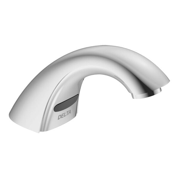 A silver Delta electronic faucet with a curved handle.