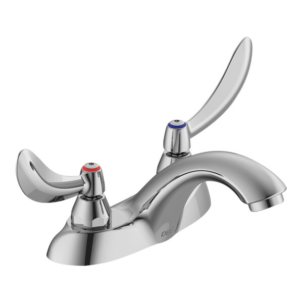 A Delta chrome deck-mount lavatory faucet with blade handles.