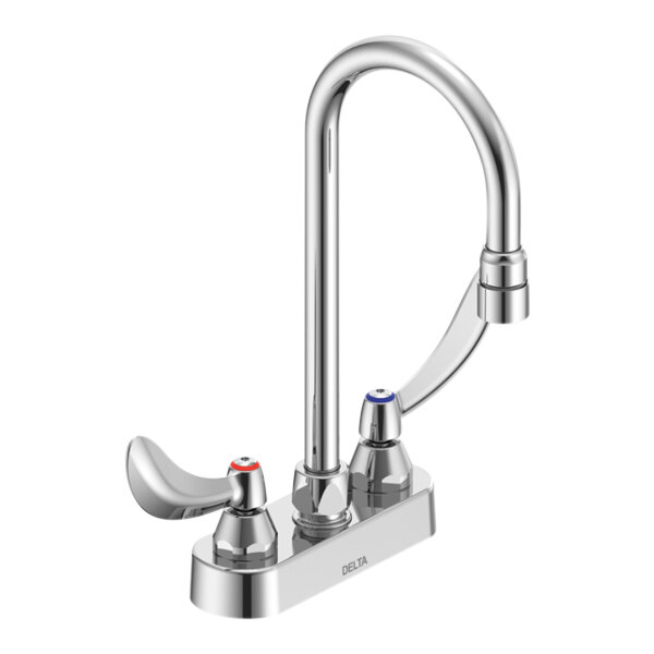 A Delta chrome deck-mount faucet with two wrist blade handles and a gooseneck spout.