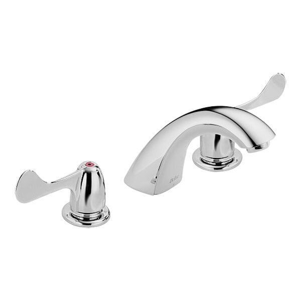 A Delta deck-mount faucet with two chrome wrist blade handles.