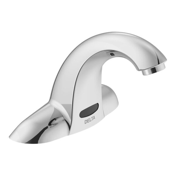 A silver Delta touchless lavatory faucet with a black display.
