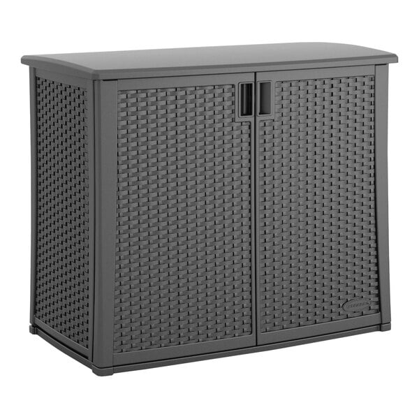 A black plastic Suncast outdoor storage cabinet with doors.
