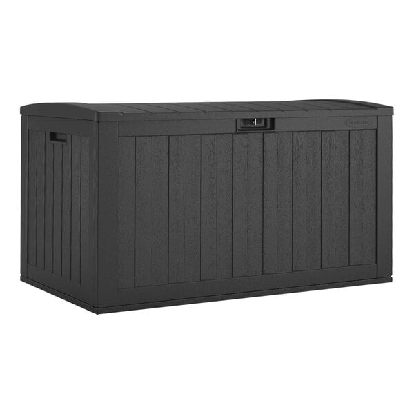 A black Suncast resin outdoor storage box with a lid.