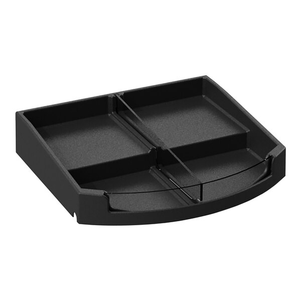 A black shelf organizer with two compartments.