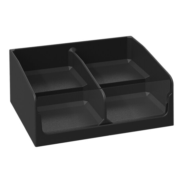 A black plastic tray with two tiers and two compartments.