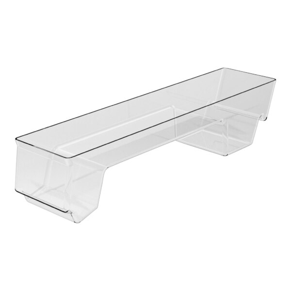 A clear plastic rectangular shelf with a shallow bottom and a black handle.
