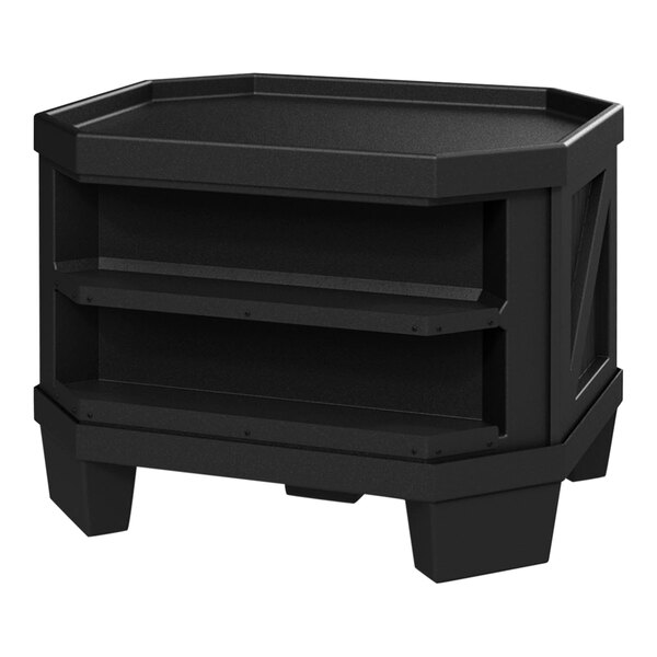 A black plastic orchard bin with shelves.