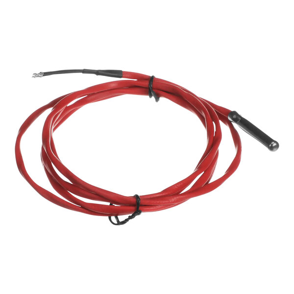 A red cable with a black wire and a red plug with black wires.